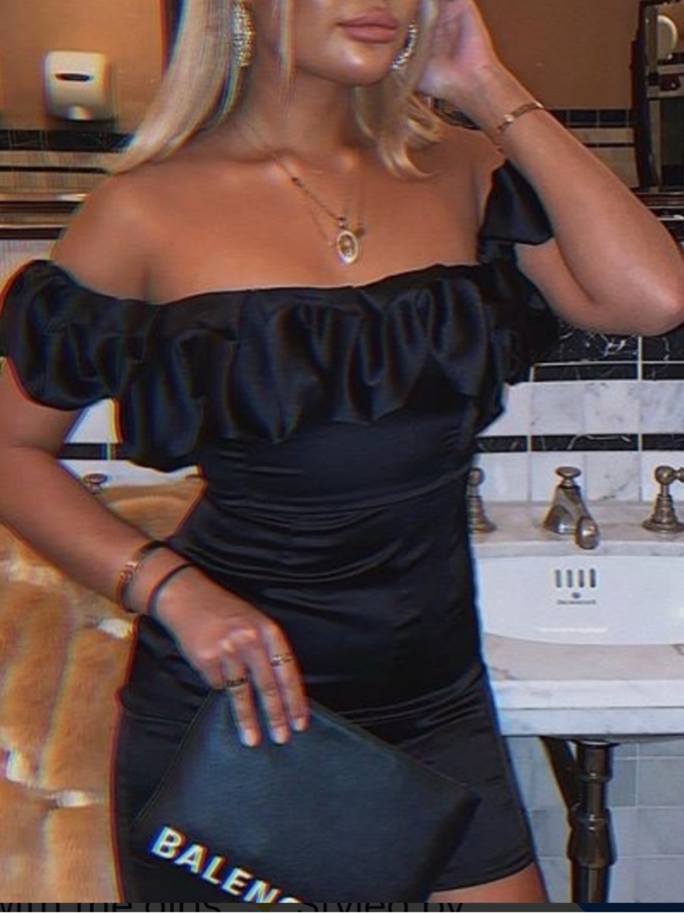 Club London Black Off-Shoulder Ruffle Satin Mini Dress -  Women